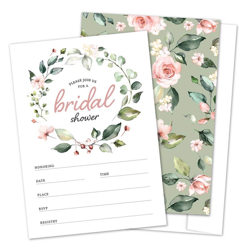 Hat Acrobat Bridal Shower Invitations with Envelopes â€“ Set of 25 Floral Fill-in Style Bridal Shower Invites with Envelopes, Perfect for Bridal Party, Wedding Shower - Image 1
